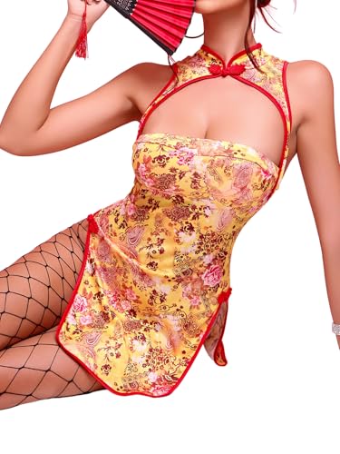 Image of Alrovetoney Sexy Lingerie Fantasy Costume Sexy Series Printed Cut-Out Slit Women's Costume Red S-XXL