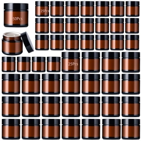 50Pcs(25×4oz + 25×2oz)Amber Glass Jars with Glossy Black & White Inner Lid Liners Airtight Small Glass Containers for Spices Candles Ointments DIY Crafts Travel Toiletries (4oz & 2oz Bundle)