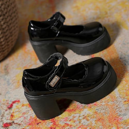 Image of Women's Platform Mary Janes Heart Cat Buckle Rivets Ankle Lolita Gothic Princess Platform Pumps Patent Leather Thorn Vintage Traditional Embroidery Upper Dress Shoes