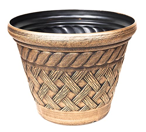 Basket Weave Pattern 2 Pack French Country Look (2 Pots + 2 Matching Saucers) Plastic Planter For Indoor, Outdoor, Nursery, Garden, Patio, Office, Home Décor Use. Long Lasting, Lightweight (Gold) #TOP3