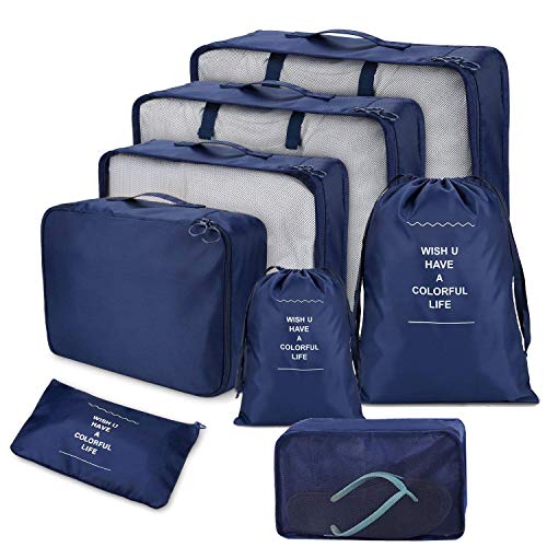 Preisvergleich Produktbild 8-teiliges Reise-Packwürfel, Gepäckverpackung, Organizer-Set, langlebig, leicht, Reisekoffer, Kleidung, Schuhe, Kosmetik, Aufbewahrungstaschen (Dunkelblau)