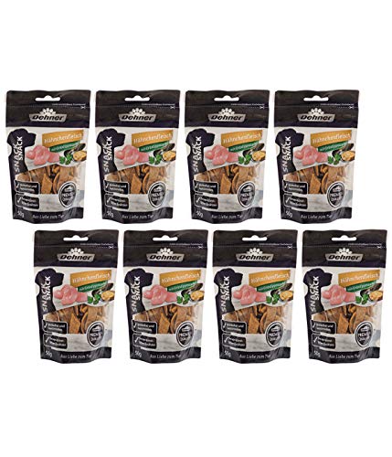 Dehner Premium Hundesnack, Leckerli glutenfrei, Kausnack für Hunde, Lebensmittelqualität, Hähnchenstreifen, 8 x 50 g (400 g)