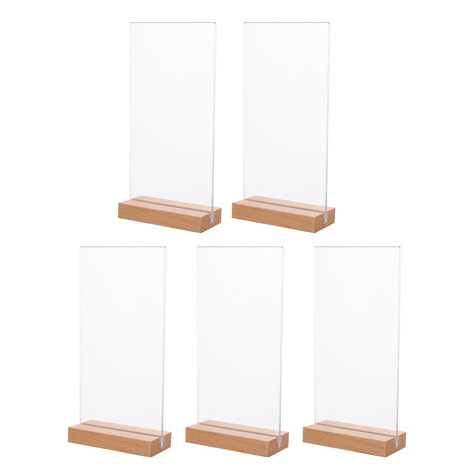 5 Piezas Soportes de Carteles Acrílicos Transparentes con Base de Madera T Portamenús Verticales Dobles para Restaurante y Eventos para Exhibición de Mesa Marcos Plásticos para