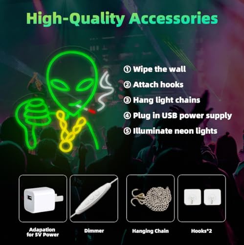 Image of Retro Alien Neon Sign for Wall - Dimmable RGB LED Art with USB Power, 12.7x13 Inch Man Cave Lighting, Gaming Room Decor, Alien Themed Party & Gifts for Men