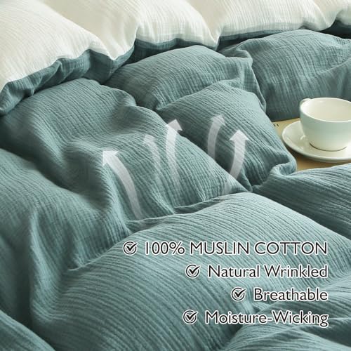 Image of EMME Cotton Muslin Duvet Cover Set Queen Size Linen Like Soft Breathable Lightweight Summer Comforter Cover Set with Zipper Closure (Teal&White, Queen, 90 inchx90 inch)