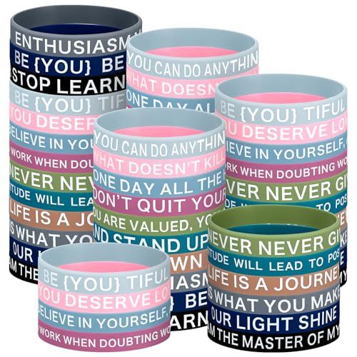 Sumind 60 Pieces Motivational Rubber Bracelets Inspirational Quote Silicone Wristbands Colored Inspirational Bracelets Stretch Unisex Wristbands for Women Men Gifts, 20 Styles(Retro Colors)