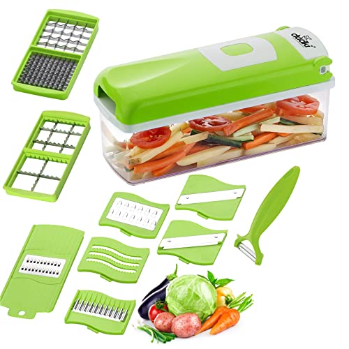 Dudki 12 In 1 Vegetable Cutter, Chopper, Slicer, Dicer, Peeler, Chipper For Kitchen, Unbreakable, Easy-To-Use, Food-Grade Body, Easy-To-Push Clean Button, Green