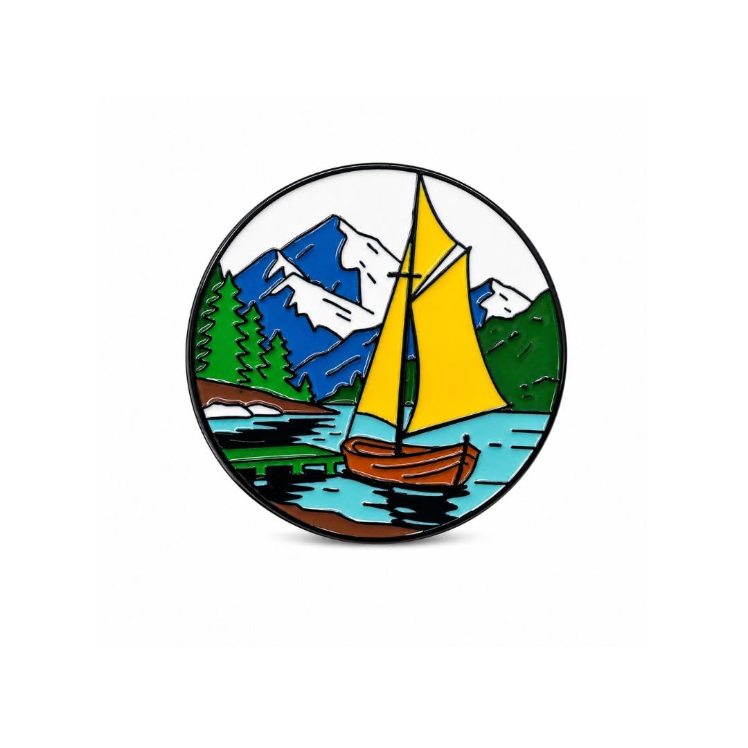 | Travel Enamel Pin Round Mountain Lake Sailboat Badge 30mm | Gift Ideas-image-36
