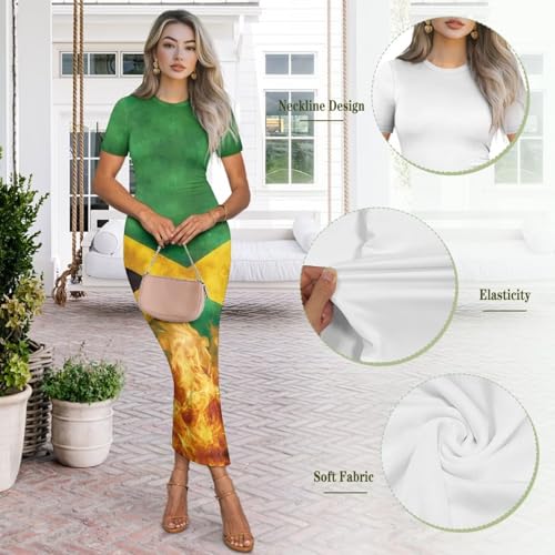 Image of Womens Short Sleeve Jamaican Flag Midi Bodycon Dress | Soft stretchy fabric,crew neck,jamaican print casual date night cocktail party, elegant chic, spring summer fall all season