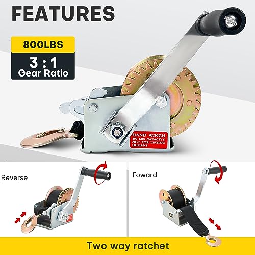 Acymner Hand Winch, 800LBS Heavy Duty Boat Trailer Winch with 16FT Strap, Two-Way Ratchet Gear for Trailer Boat Towing with Crank Handle
