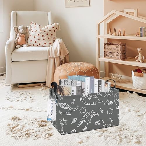 Image of Rectangular Line Dinosaur Laundry Storage Bin for Adults and Kids | Damp resistant canvas fabric, sturdy stitched carry handles, foldable design organizes closet and playroom daily supplies