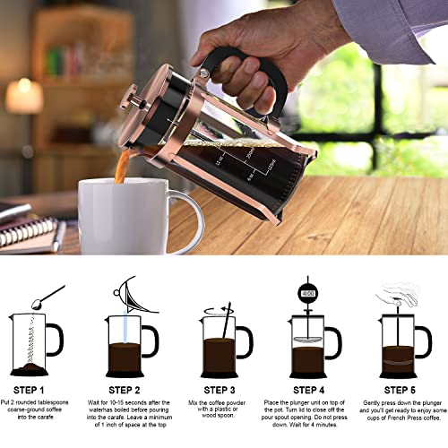 QUQIYSO Coffee Maker 304 Stainless Steel French Press with 4 Filter, Heat Resistant Durable, Easy to Clean, Borosilicate Glass Coffee Press, 100% BPA Free Teapot, 21 ounce, copper by QUQIYSO - Image 6
