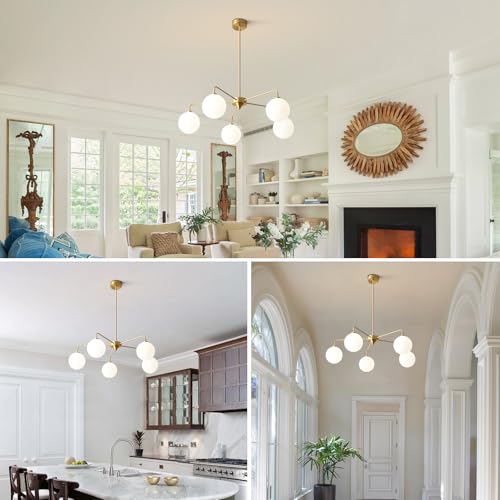 Image of 5 Light Modern Brass Chandelier Mid Century Gold Ceiling Light Fixture White Glass Globe Sputnik Chandelier for Dining Room Bedroom Kitchen