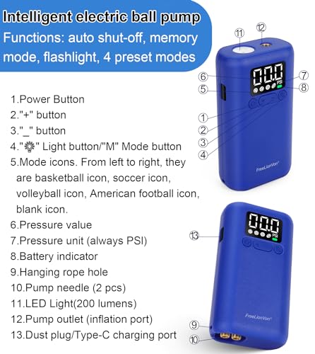 FreeLionVon Electric Ball Pump,Automatic shutdown function,with Pressure LCD Display (Max 20PSI) and LED Torch,Ball Needle*2 and Nozzle*1 for football, basketball, volleyball,soccerball,swimming ring FreeLionVon Electric Ball Pump,Automatic shutdown function,with Pressure LCD Display (Max 20PSI) and LED Torch,Ball Needle*2 and Nozzle*1 for football, basketball, volleyball,soccerball,swimming ring