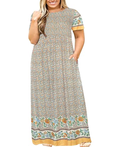 Image of Kancystore Women's Plus Size Maxi Dress with Pockets Summer Dresses XL-5X | Plus Size High Waisted Long Length Beach Dress, Empire Waist Round Neck Casual Dress, Solid Striped Floral Tie Dye Colors