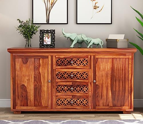 Image of Solid Sheesham Wood Wooden Sideboard Storage Cabinet & Chest of Drawer : Ideal for Living Room and Bedroom with 4 Drawers and 4-Shelf Storage (Cambrey, Honey Finish)