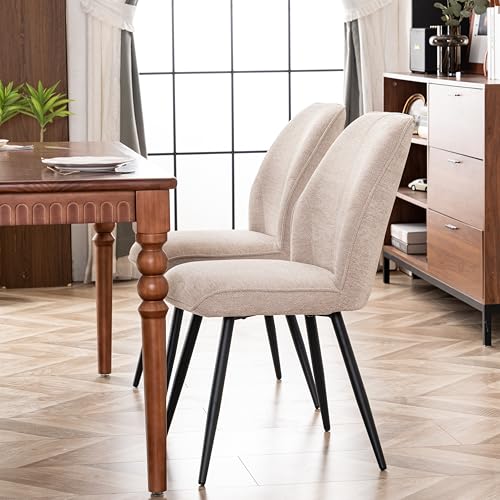 Image of Rowill Dining Chairs Set of 2, Modern Upholstered Kitchen Chairs with Back, Metal Legs, Mid-Century Armless Dining Table Chairs for Dining, Kitchen Room, Cafeteria, and Living Room, Linen, Cream