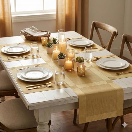 Image of YELONA Dining Table Placemats and Runner Set - Heat Resistant, Washable, Stain Resistant Mats - Woven Vinyl Plastic - Easy to Clean-(45x30 cm 4 Placemats, 180x30 cm 1 Runner)-Ideal for Stylish Dining
