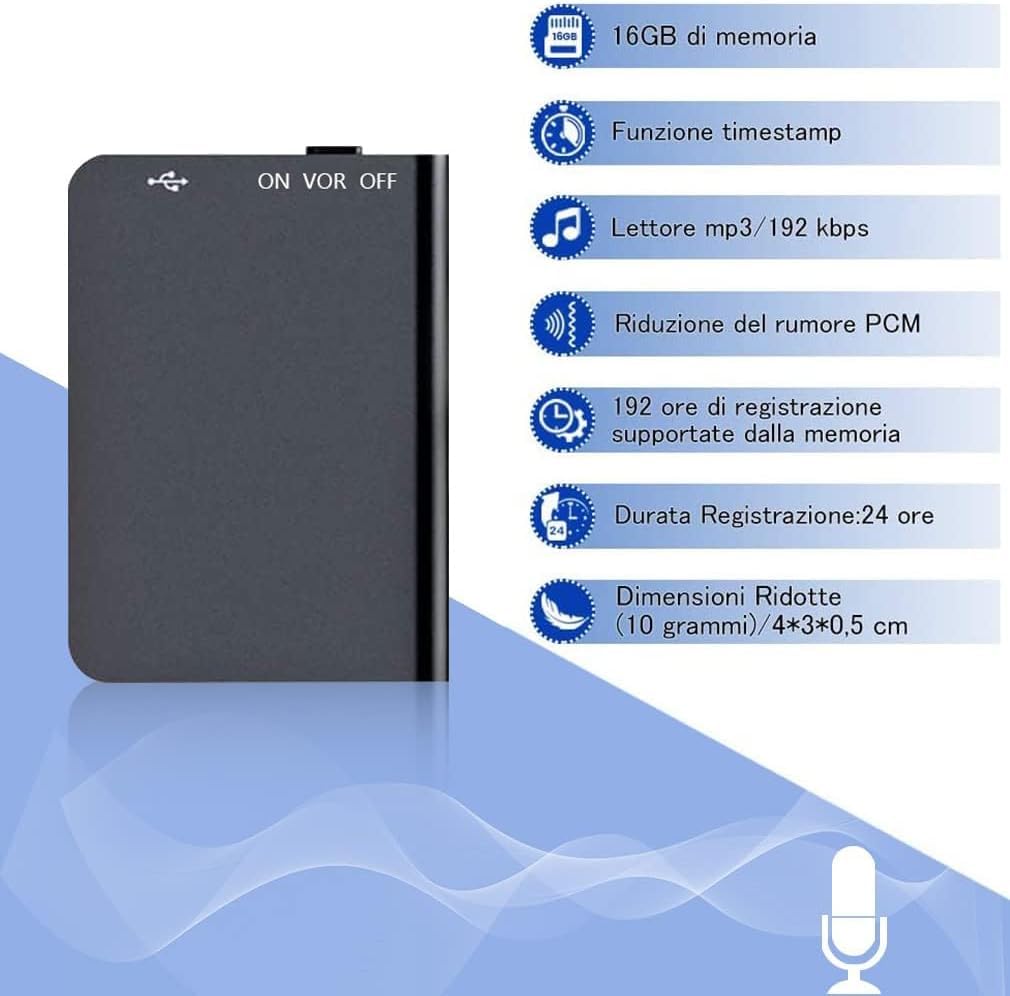 16GB Registratore Vocale, Capacità di Registrazione di 192 Ore, Registratore Vocale Professionale con Attivazione Vocale e Funzione MP3, Mini Registratore per Lezioni, Riunioni, Interviste