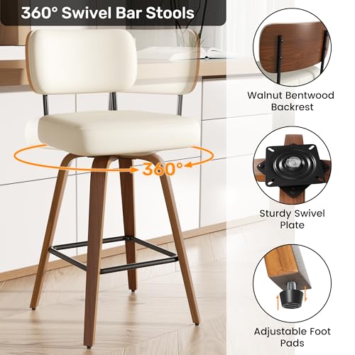 Image of Swivel Bar Stools Set of 2, 26 inch Upholstered Faux Leather Counter Height Barstools with Walnut Back & Bentwood Legs, Mid Century Modern Bar Chairs Island Stools for Kitchen Counter, Cream White