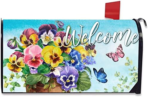 FBCOO Welcome Spring Pansy Flowers Mailbox Cover Magnetic Standard Size 21" x 19", Floral Pansies Decorative Post Letter Box Wrap Decor Butterfly Summer Garden Yard Outdoor Decoration
