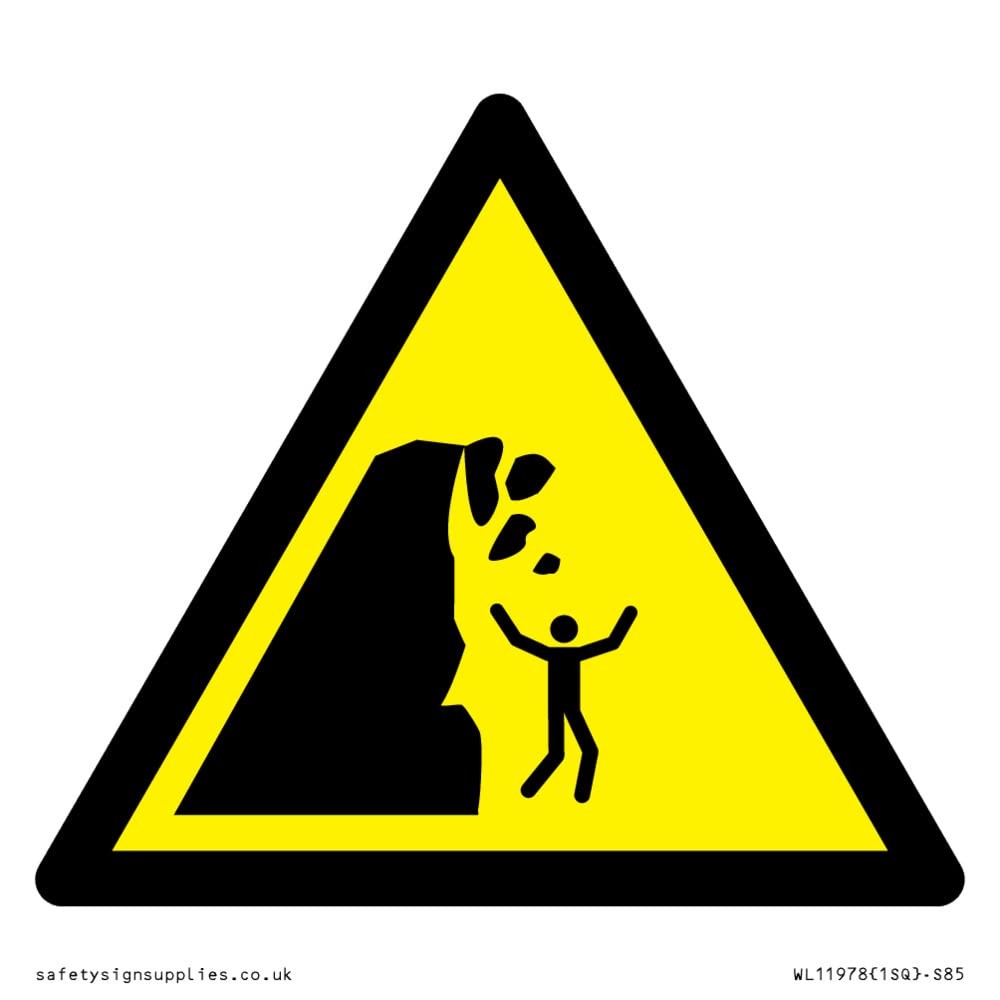 W053 Warning: Unstable cliff Sign - 85x85mm - S85, Yellow/White