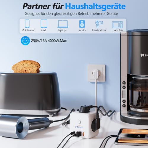 Bigfish 3 Fach Steckdosenleiste mit USB C, Mehrfachsteckdose mit 4 USB, Steckdosenwürfel mit 3 Meter Kabel, Mehrfachstecker mit Schalter für Büro & Zuhause 4
