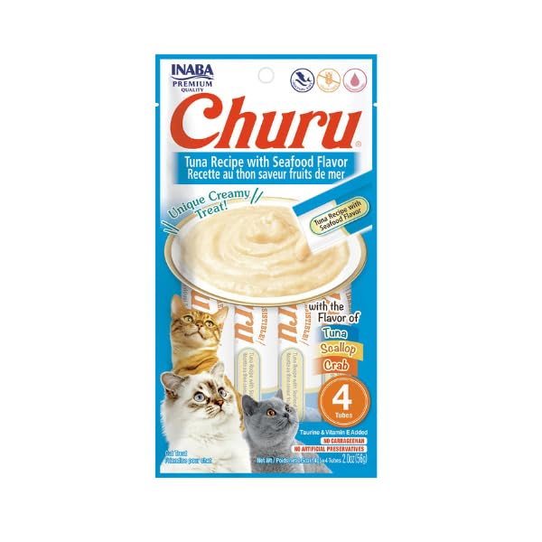 INABA Churu Cat Treats, Grain-Free, Lickable, Squeezable Creamy Purée Cat Treat/Topper with Vitamin E &amp; Taurine, 0.5 Ounces Each Tube, 24 Tubes (4 per Pack),Tuna Recipe with Seafood Flavors