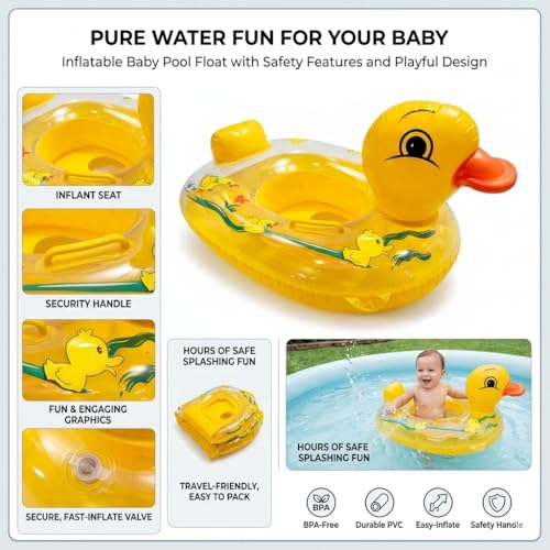 Image of Mammoth Cute Duck Baby Inflatable Swim Ring with Seat & Backrest Support, Safety Handle, Stable Float Tube for Toddlers 6-24 Months, Durable PVC Pool Float for Kids Summer Water Fun [ Yellow ]