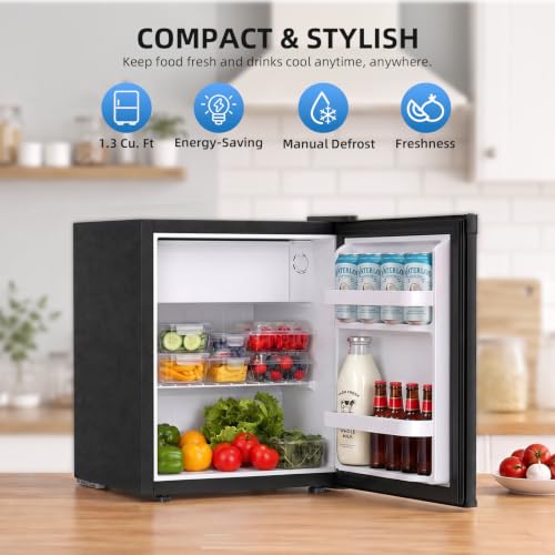 Image of Antarctic Star Compact Refrigerator Mini Fridge with Single Reversible Door,Wire Shelf,Defrost Button, for Bedroom /Office /Dorm,1.3 Cu. Ft,Blcak