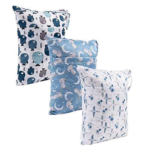 Image of Babygoal Wet Dry Bags for Baby Cloth Diapers, Washable Travel Bags, Beach, Pool, Gym Bag for Swimsuits & Wet Clothes with Two Zippered Pockets 3 Pack, 3LN28