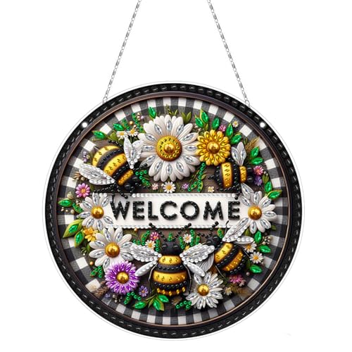 Generic DIY Acrylic Diamond Art Painting Wreath Kits Special Shaped Rhinestone Round Diamond Art Window Pendants Home Garden Wall Hanging Kits (Single Side Point Drill) (#03-Bee Daisy)