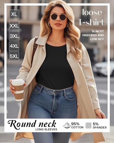 3 Pack Women's Plus Size Cotton Shirts, Scoop Neck Long Sleeve Casual Tops Form Fitting Knitted T-Shirts Blouses3