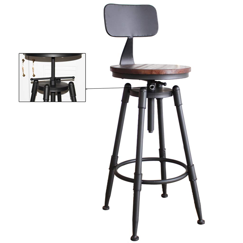 WRRAC-Chair Vintage Industrial Bar Stool Height Adjustable Round Wood and Metal Swivel Bar Chairs Height Stool with Footrest Back for Breakfast Counter Kitchens