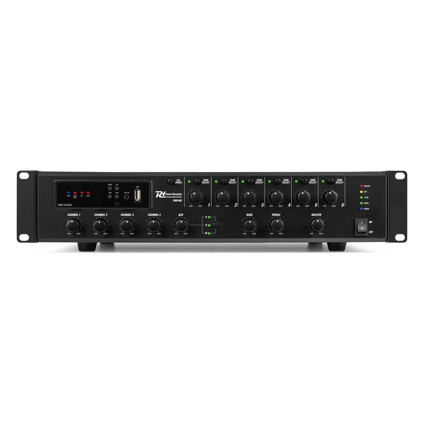 Power Dynamics PMP480 Amplificatore 100 V 6 Zone - 480 Watt, 4 canali, 70 V/100 V, 4-16 Ohm, ingresso Micro RJ45, alimentazione fantasma, ideale per suonare un negozio, centro commerciale