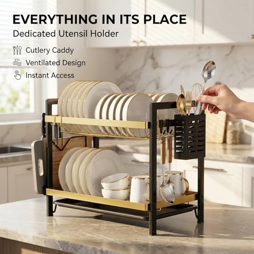 Image of COMFYHOME Utensils Drying Rack,2-Tier Stainless Steel Dish Drying Rack, Saving Countertop Organizer with Drainboard, Drainer Tray & Utensil Holder,Rust-Resistant Suitable for Plates, Cutlery, Bowls