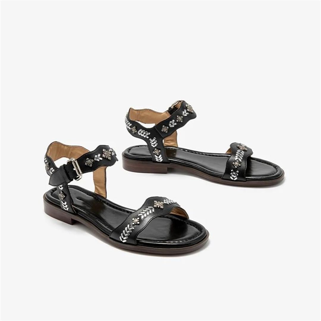 Sandalias de verano para mujer, con correa trasera, tacón redondo, con correa al tobillo, de piel de vaca auténtica, decoración de metal, sandalias casuales de verano