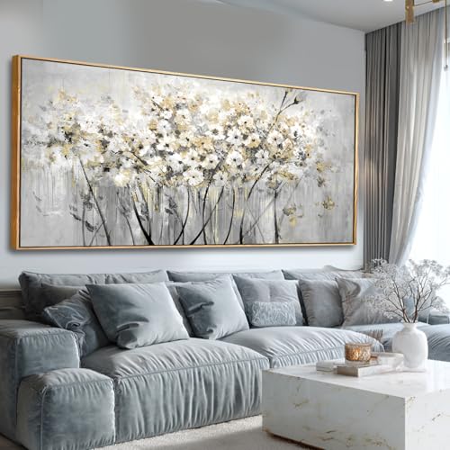 Image of VAYIMDH White and Gold Canvas Wall Art Flower Photo Prints Vintage Wood Wall Decor 40 inchx86 inch Kitchen Artwork Pictures for Bedroom