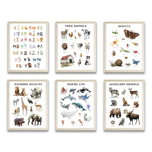 Eastern Print Set Of 6 Educational Posters For Toddlers 1-3, Toddler Learning Posters, Abc Chart, Animals Nursery Decor, Homeschool Decorations, Preschool Classroom Must Haves, Unframed, 8X10