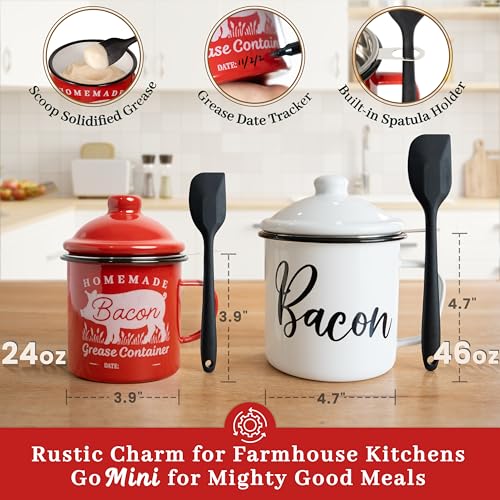 Image of Ayerphalo Bacon Grease Container with Strainer - With Food-Grade Silicone Spatula, 24oz Enamel Rustic Farmhouse Fat Container, Keeper, Recipes, Dishwasher Safe