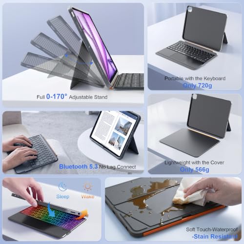 Image of WIWU Keyboard Case for iPad Air 13 Inch M4 /M3 /M2 Pro 12.9 Magnetic Detachable Keyboard Case Adjustable Stand Colours Backlit Keys with Trackpad (Grey, for Air 13 inch(M3 /M2) Pro 12.9 inch 6 /5 /4 /3)