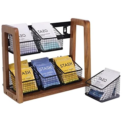 HTB 2 Tier Tea Organizer for Tea Bags, Tea Bag Holder with Acacia Wood Stand and 6 Removable Metal Basket for Sugar Packets, Sweeteners, Creamers for Cabinet, Countertop or Wall-mounted Cover