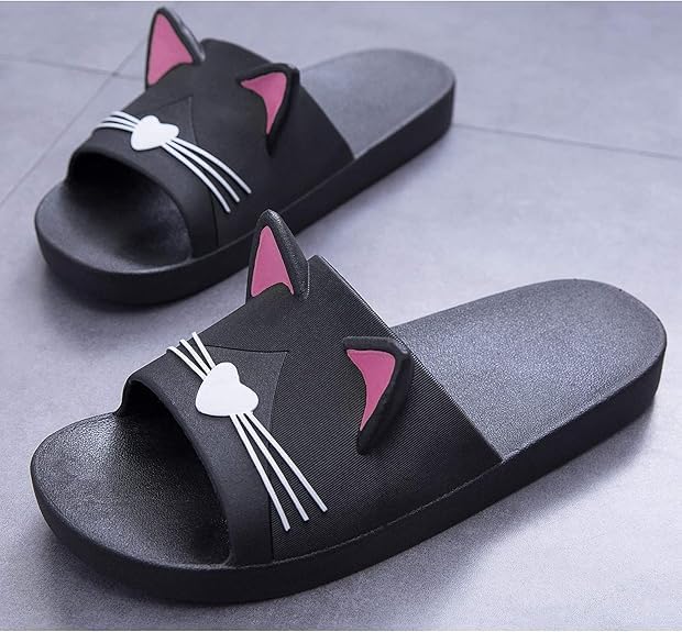 AioTio Katzen Schlappen Pantoffel Damen Bequem Rutschfeste Badelatschen Mädchen Weich Slipper (38/39EU) Schwarz