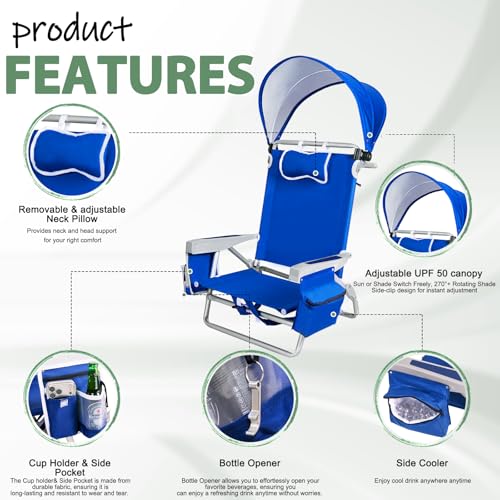 Image of Romswi Extra Wide Beach Chair with Canopy Shade, 1 Pack Aluminum Folding Chairs with Detachable & Adjustable Umbrella, 5-Position Lay Flat, Cooler Bag, Cup & Phone Holder, Towel Bar, Royal Blue