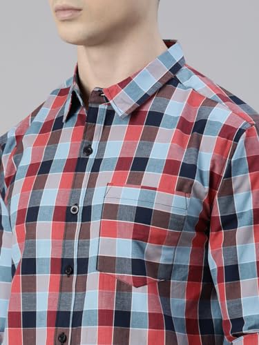 Image of JOVEN Men Slim Fit Pure Cotton Brown and Dark Green Casual Checked Shirt