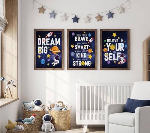 Image of 3Pcs Inspirational Space Astronaut Kids Poster Wall Art, Inspirational Quotes Painting Picture Wall Decor, Boys Positive Affirmative Poster Print Artwork for Playroom, Classroom, 12x16in Unframed