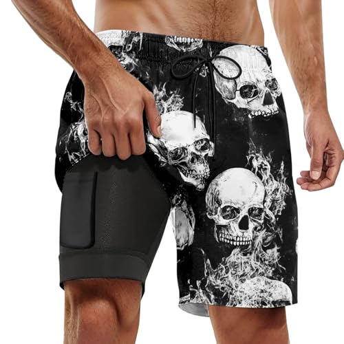 Generisch Maillot de bain tête de mort pour homme - Pantalon de plage double couche pour homme -...