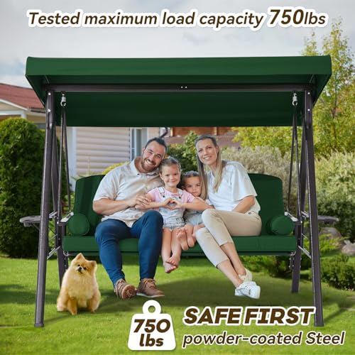 Image of 3 Seat Outdoor Patio Porch Swing with Adjustable Canopy, 3 in 1 Swing for Adults, Patio Swing Chair with Thickened Cushions,Pillows & Cup Holders for Backyard, Porch, Garden (Green)