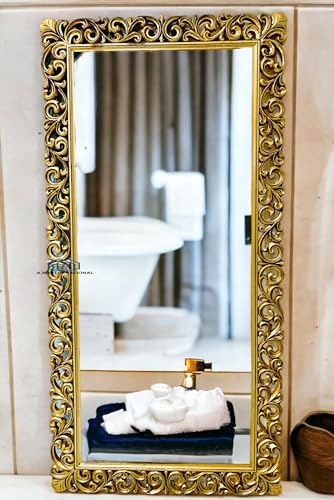 A.M INTERNATIONAL Wooden Carved Frame | Wall Hanging Mirror | Wooden Mirror Jharokha | Solid Wood | Horizontal, Vertical, Framed, Rectangular 5x3 FT Antique Gold