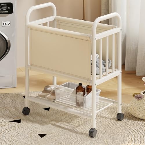 OXIZER ランドリーバスケット 洗濯かご 2層 124L 大容量 分類 衣類収納 軽量 防水 防塵加工 通気性 隙間収納 簡単組み立て キャスター付き 360°回転 強力な耐荷重性 洗濯物収納 おしゃれ シンプル 北欧 脱衣所 雑貨 家庭用 (ホワイト